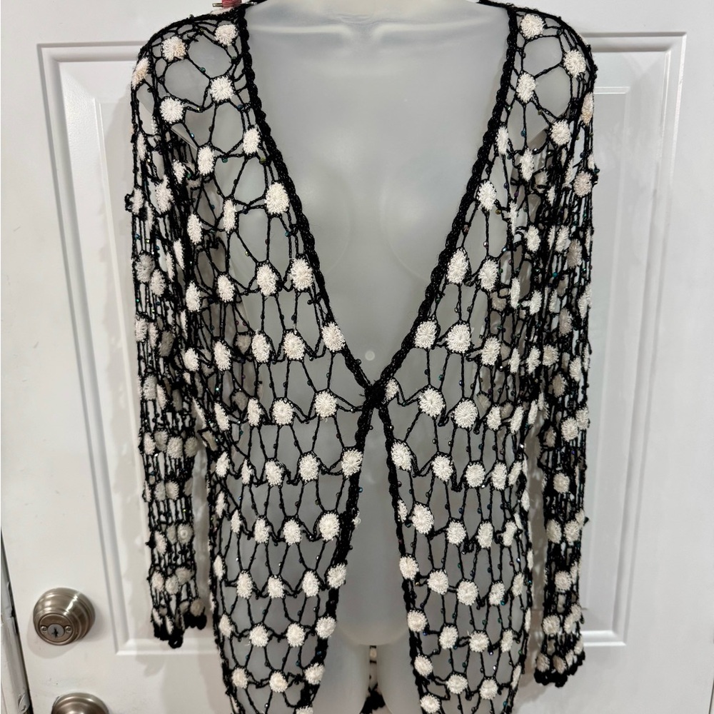 Vintage Crocheted Black W/White Floral Motifs & Beads Mesh One-Button Cardigan